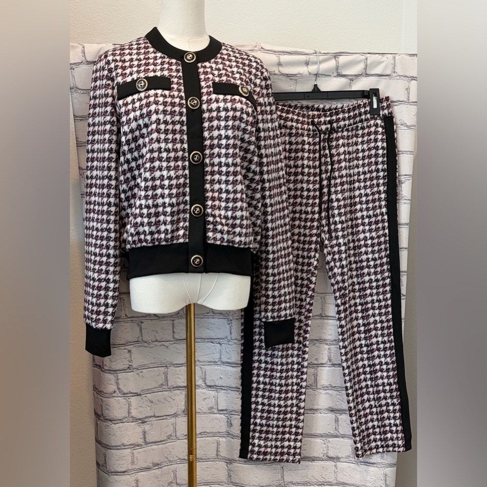 Pam&Gela Houndstooth Two-Piece  Set - Black, White & Burgundy Jacket-M, Pants-S